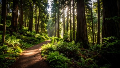 Obraz premium A sun-dappled forest trail winds through lush greenery and towering trees