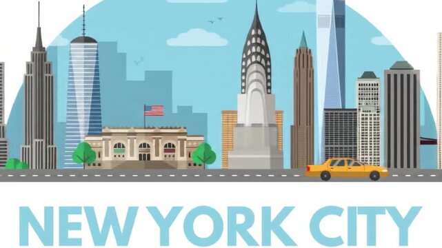 A vibrant cartoon illustration of new york city featuring iconic landmarks like the statue of liberty and empire state building, with a yellow taxi cab on the road