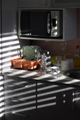 Kitchen utensils are on the table in the morning