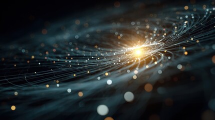 Obraz premium Detailed focus on a radiant center point of a dynamic network map surrounded by gently outoffocus swirling data lines illustrating continuous information flow.