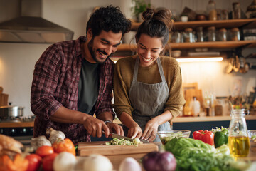 Happy couple preparing vegetables in modern kitchen