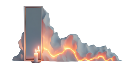A surreal scene with a mirror reflecting candlelight, set against a jagged, icy landscape with glowing orange energy, isolated on transparent background
