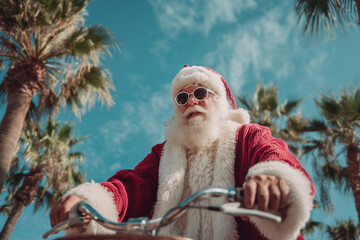 Santa claus riding bicycle in tropical location wearing sunglasses