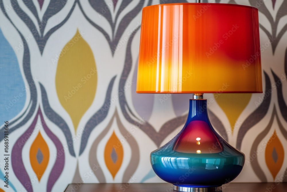 Poster vibrant mid century modern table lamp with a colorful shade casting warm light on a retro patterned 