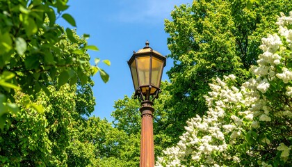 Ornate lamppost amidst lush greenery