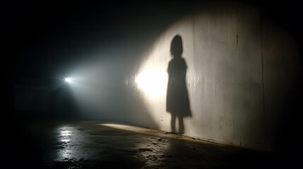 Child silhouette shadow on wall creating fear mystery and horror movie concept