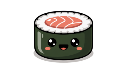 Cute cartoon sushi roll with a happy face, isolated on transparent background