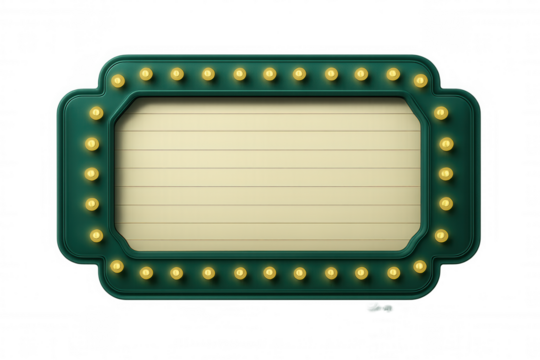 Green vintage cinema marquee sign with glowing light bulbs and blank space for text, isolated on transparent background - Powered by Adobe