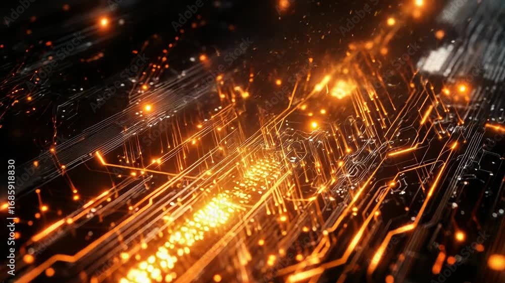 Poster futuristic circuit board glowing with data transferring and processing