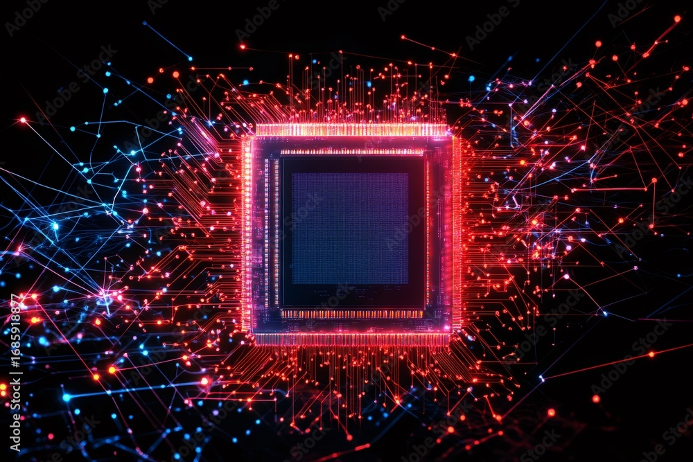 Poster cpu processing data, symbolizing digital network and information technology with glowing lines and c