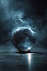 Mysterious crystal ball on an old stand in a dark room with mystical smoke