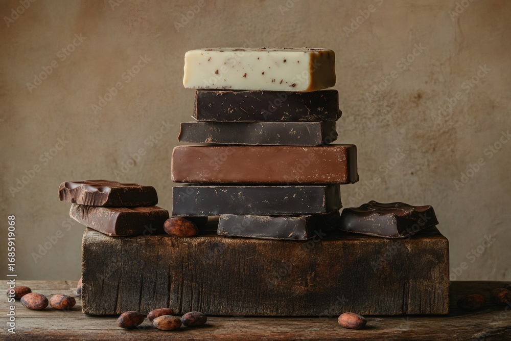 Poster artistic arrangement of various chocolate bars and cocoa beans creating a tempting display on a rust