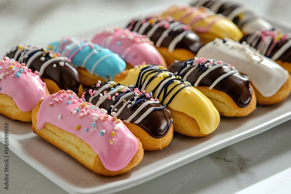 Poster delicious assorted eclairs covered with colorful icing and chocolate stripes, creating a visually ap