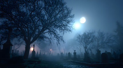 Spooky cemetery landscape with a full moon on a foggy night for a horror background