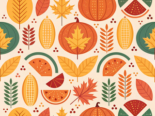 Obraz premium Whimsical autumn harvest pattern with pumpkins leaves and corn on cream background