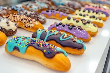 Delicious eclairs decorated with vibrant icing, sprinkles, nuts, and chocolate chips, creating a tempting display for dessert lovers
