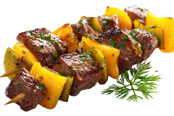 Grilled meat and bell pepper skewers.  Appetizing, seasoned, and ready to eat
