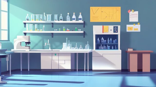Modern laboratory interior with equipment and charts displaying research data
