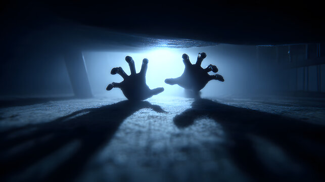 Scary monster hand emerging from under a bed for a classic childhood fear concept