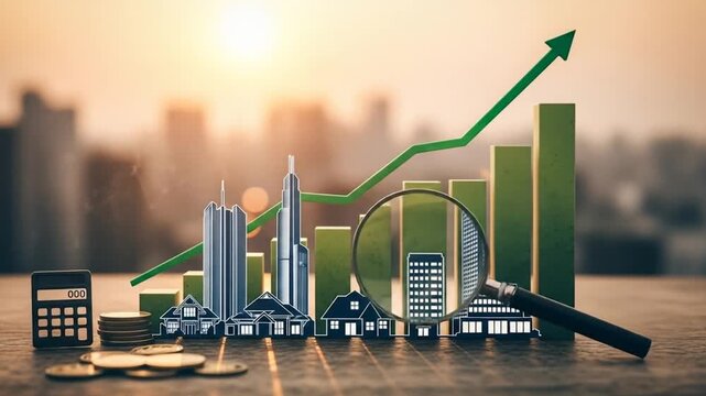 Real estate investment growth visualized  Small models of houses and buildings with a growing graph, magnifying glass, and calculator symbolize increasing property values