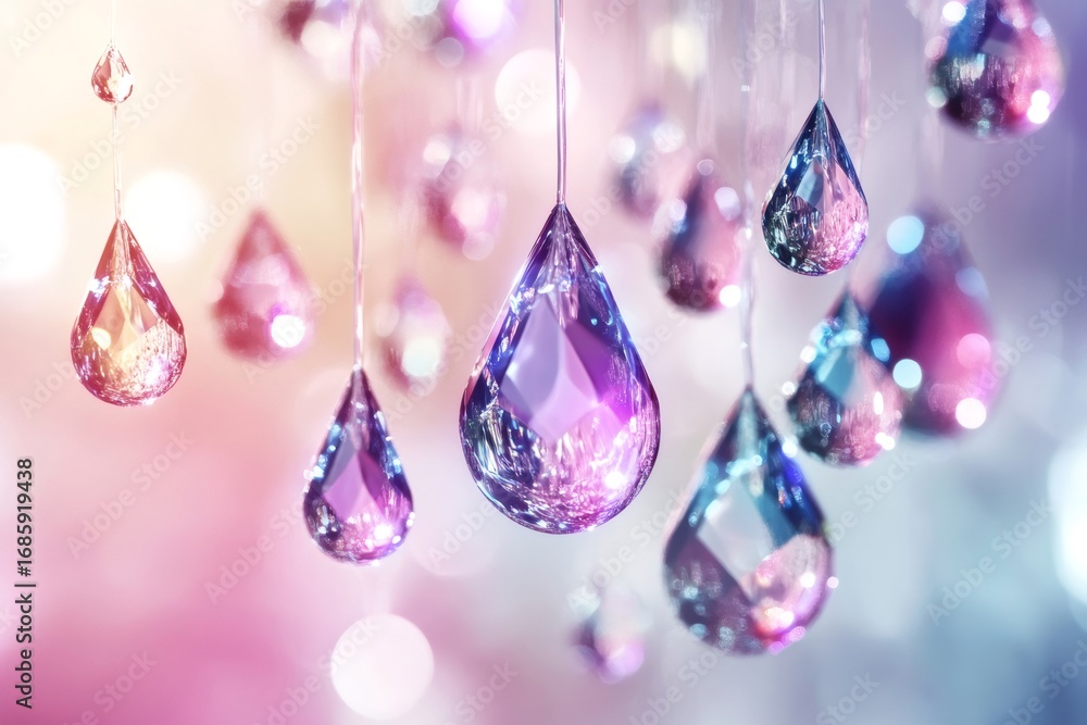 Poster artistic image of multiple colorful crystal water droplets suspended and sparkling, creating a beaut