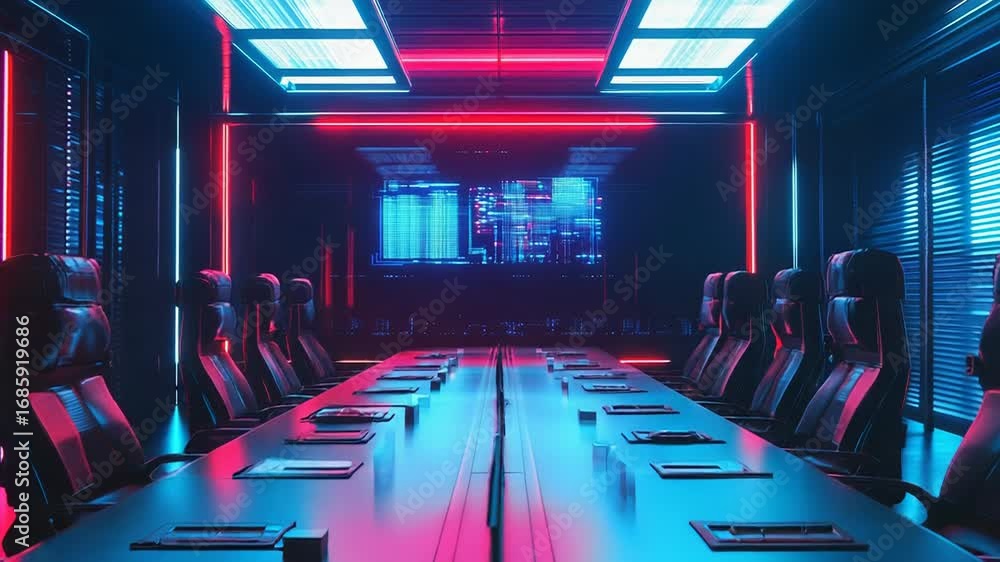 Poster futuristic conference room displaying data on large screen