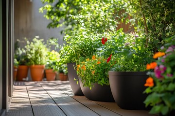 Vibrant potted plants and flowers add a touch of nature to a modern wooden deck, creating a peaceful outdoor oasis