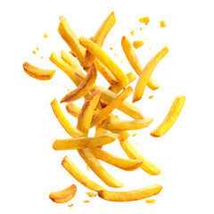 French Fries Crispy Golden Tasty Potato Fries in Air isolated on transparent background