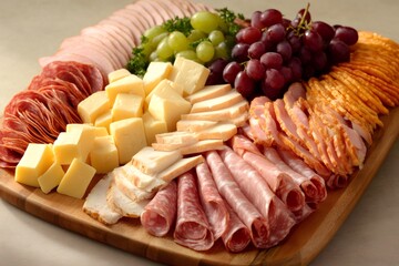 Delicious charcuterie board offering a variety of cured meats, cheeses, crackers, and fresh grapes, creating an enticing appetizer platter