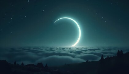 A view of a crescent moon in the sky above the clouds.