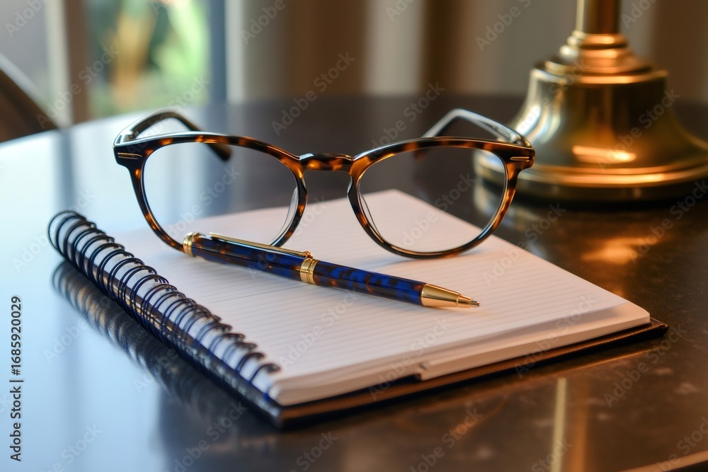 Poster eyeglasses and a pen are neatly placed on a notebook, suggesting a moment of pause in a productive w
