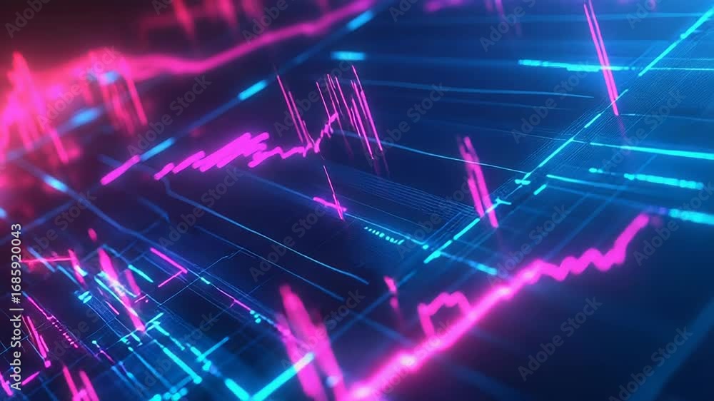Poster futuristic neon glowing lines showing data flowing on digital grid