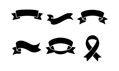 Set of black ribbon banners and awareness ribbon silhouettes in various shapes