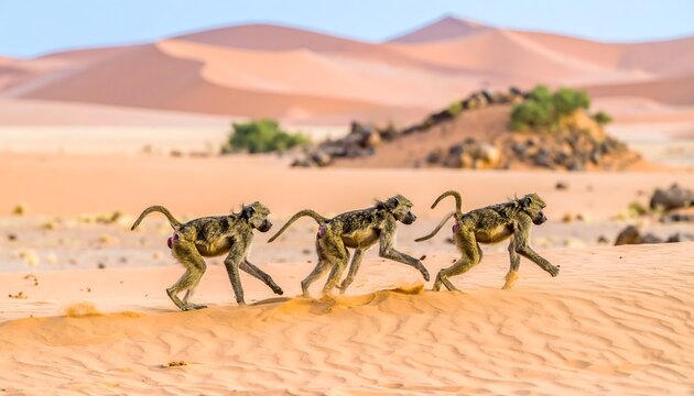 Three baboons in motion across a sandy desert landscape, a captivating display of wildlife in a serene environment.