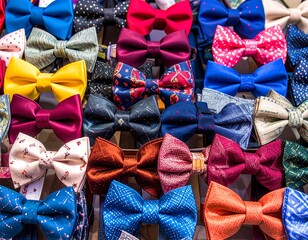 Colorful bow ties displayed in a variety of patterns and colors