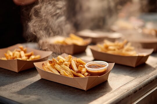 Hei&szlig;e Pommes frites mit So&szlig;e in Pappschale
