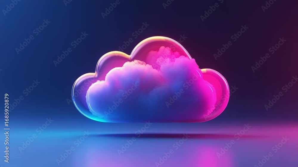 Aufkleber cloud computing symbol floating on reflective surface with neon lights