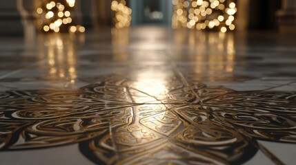 Medium shot presenting classic tile pattern intricate symmetrical design in sharp focus while edges fade into smooth bokeh for elegant ambiance.