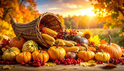 A vibrant cornucopia overflowing with autumnal bounty, featuring pumpkins, corn, berries, and fall foliage, bathed in warm sunlight.