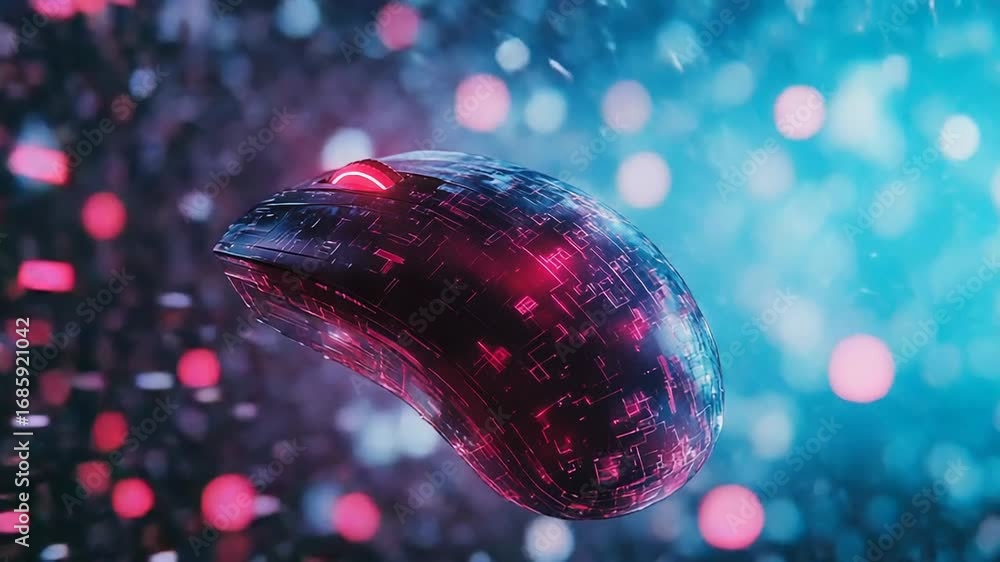 Poster futuristic wireless mouse floating in cyberspace with glowing circuits