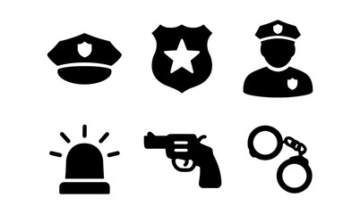 Set of police icon silhouettes including badge, officer, handcuffs, and gun