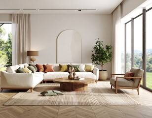 Modern, minimalist living room with natural light and warm tones