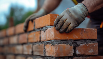 Close-up of bricklayer hand wearing work gloves laying red bricks on industrial building wall construction site blurred background detailed masonry work labor concept