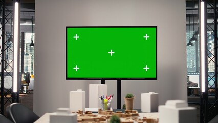 Modern empty real estate business space running copy space on TV monitor, office with structural...