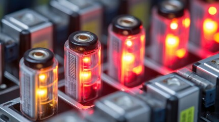 A vibrant closeup of a battery module test showing glowing LED indicators reflecting the successful performance of a highvoltage system operating with a fluorinefree electrolyte.