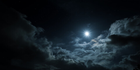 Romantic Moon In Starry Night Over Clouds