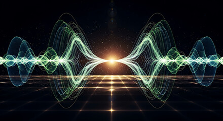 Dynamic abstract audio waveform visualization creates a mesmerizing, futuristic soundscape with glowing energy and light