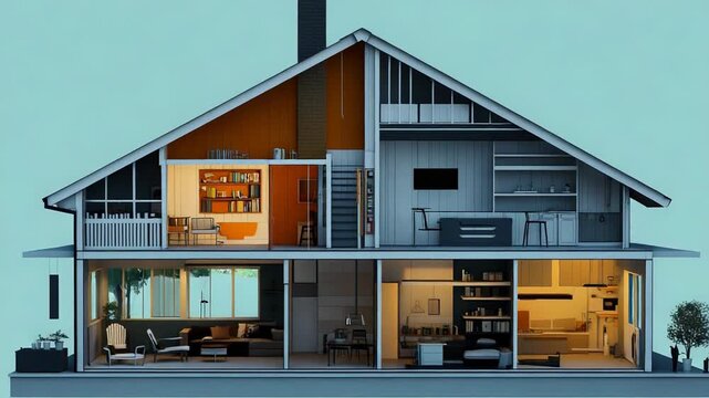Cross section of modern sustainable house showing interior design and furniture