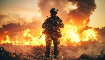 Naklejka premium Military figure amidst fiery explosion