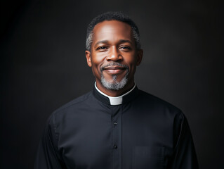 Studio shot portrait Christian african American pastor man in black shirt with white clergy collar looking directly at camera with sincere gentle smile against dark grey background, spiritual faith co